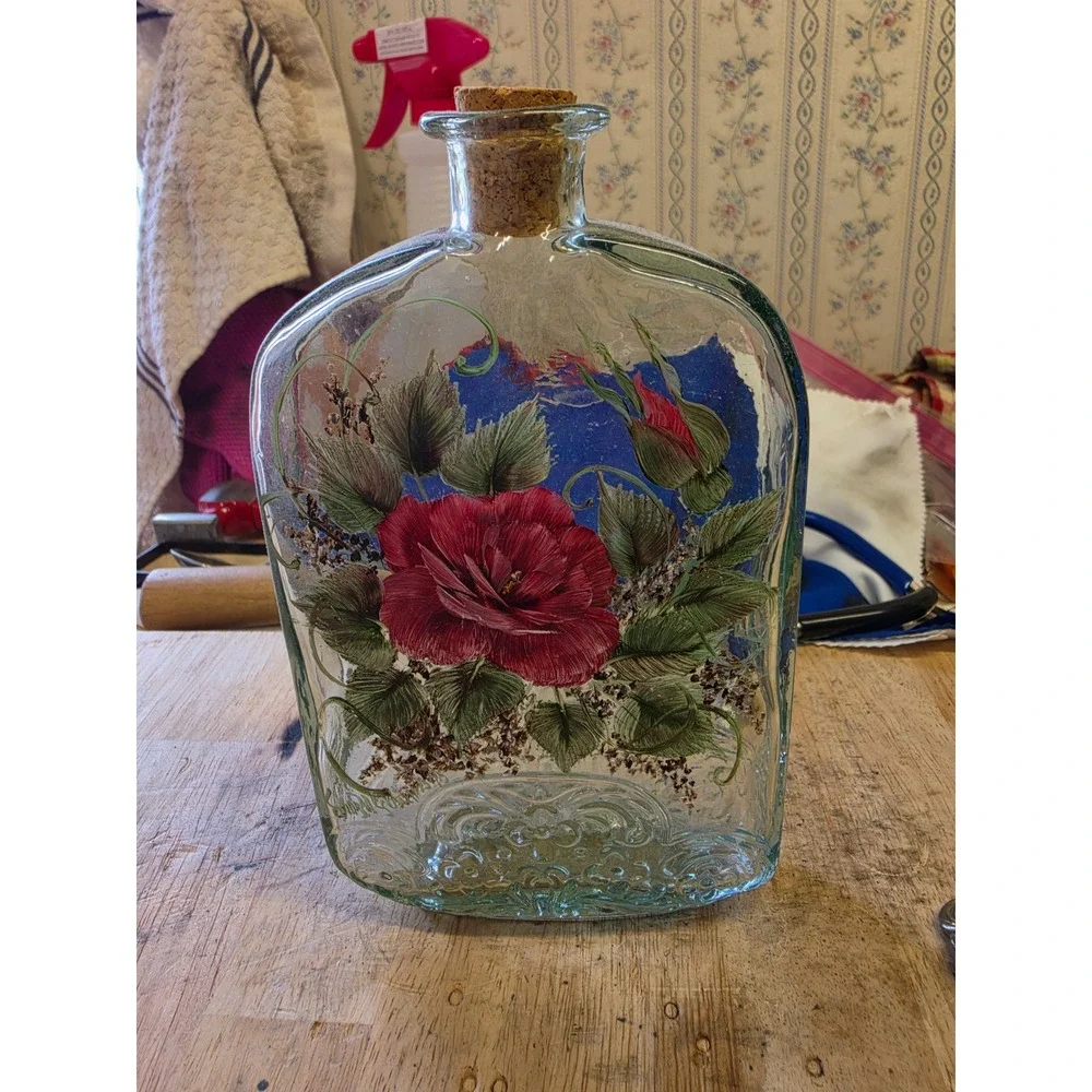 Vintage Hand Painted Red Rose Glass Decanter Bottle with Cork Stopper 7 Inch